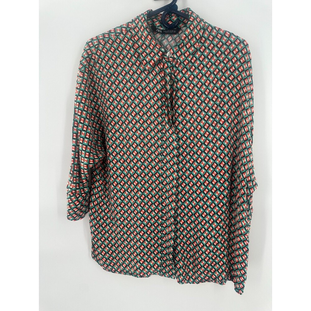 ZARA Womens S Geometric Abstract Retro Print Satin Long Sleeve Button Down Shirt